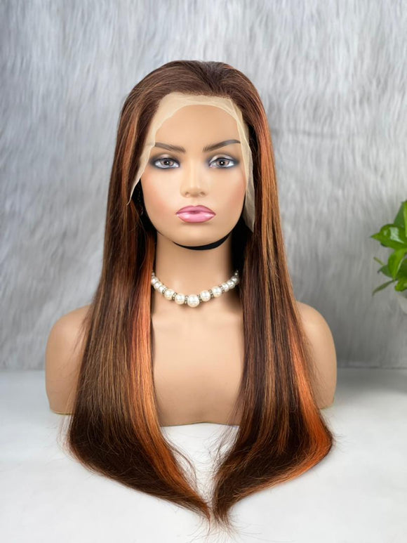 FRONTAL LACE WIG STRAIGHT CHÂTAIN BLOND MÉCHÉS